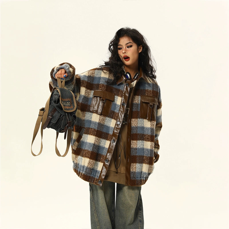 PU Leather Mix Woolen Plaid Jacket