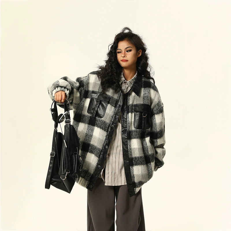 PU Leather Mix Woolen Plaid Jacket