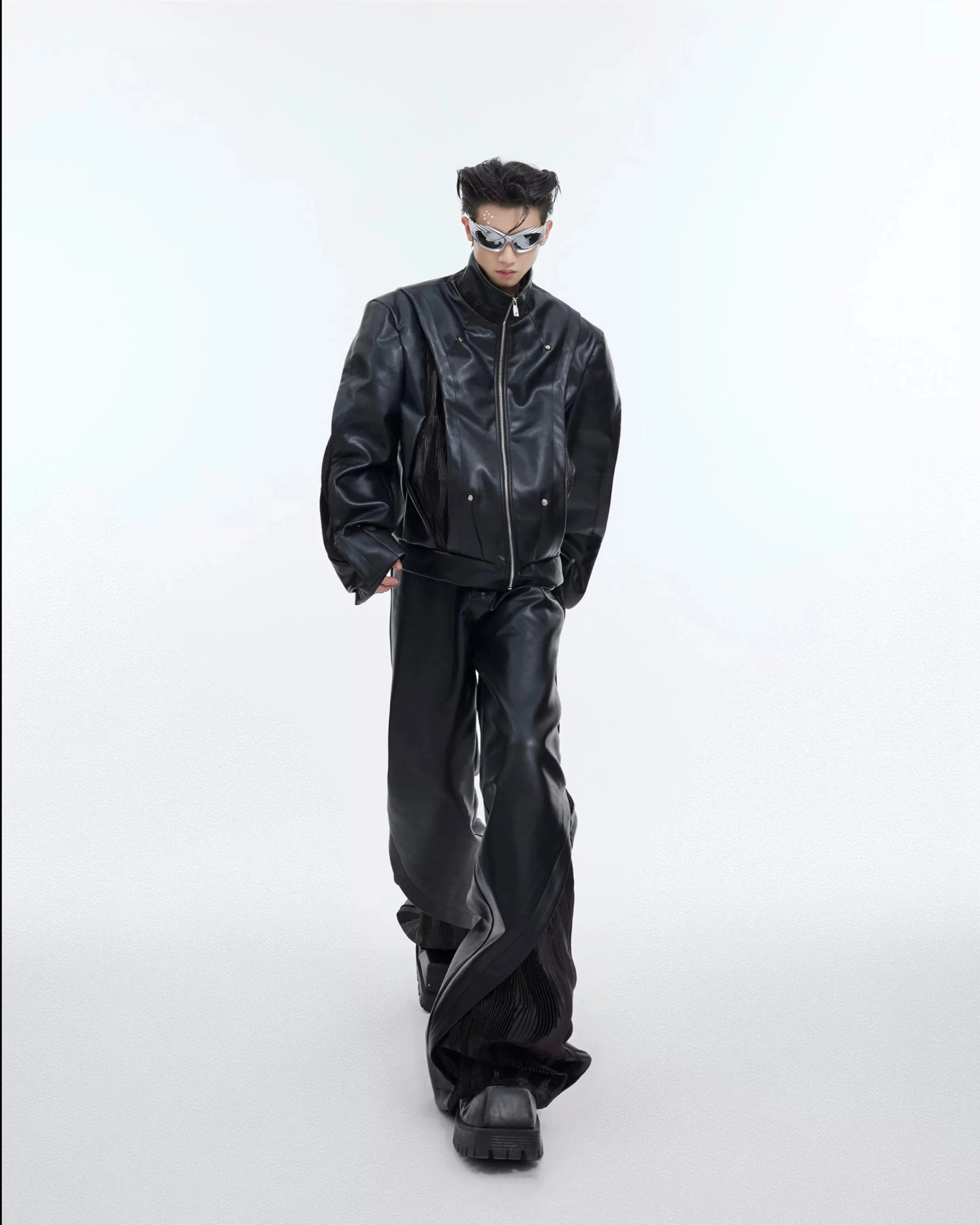 Patchwork Motorcycle PU Leather Jacket & PU Leather Pants Setup