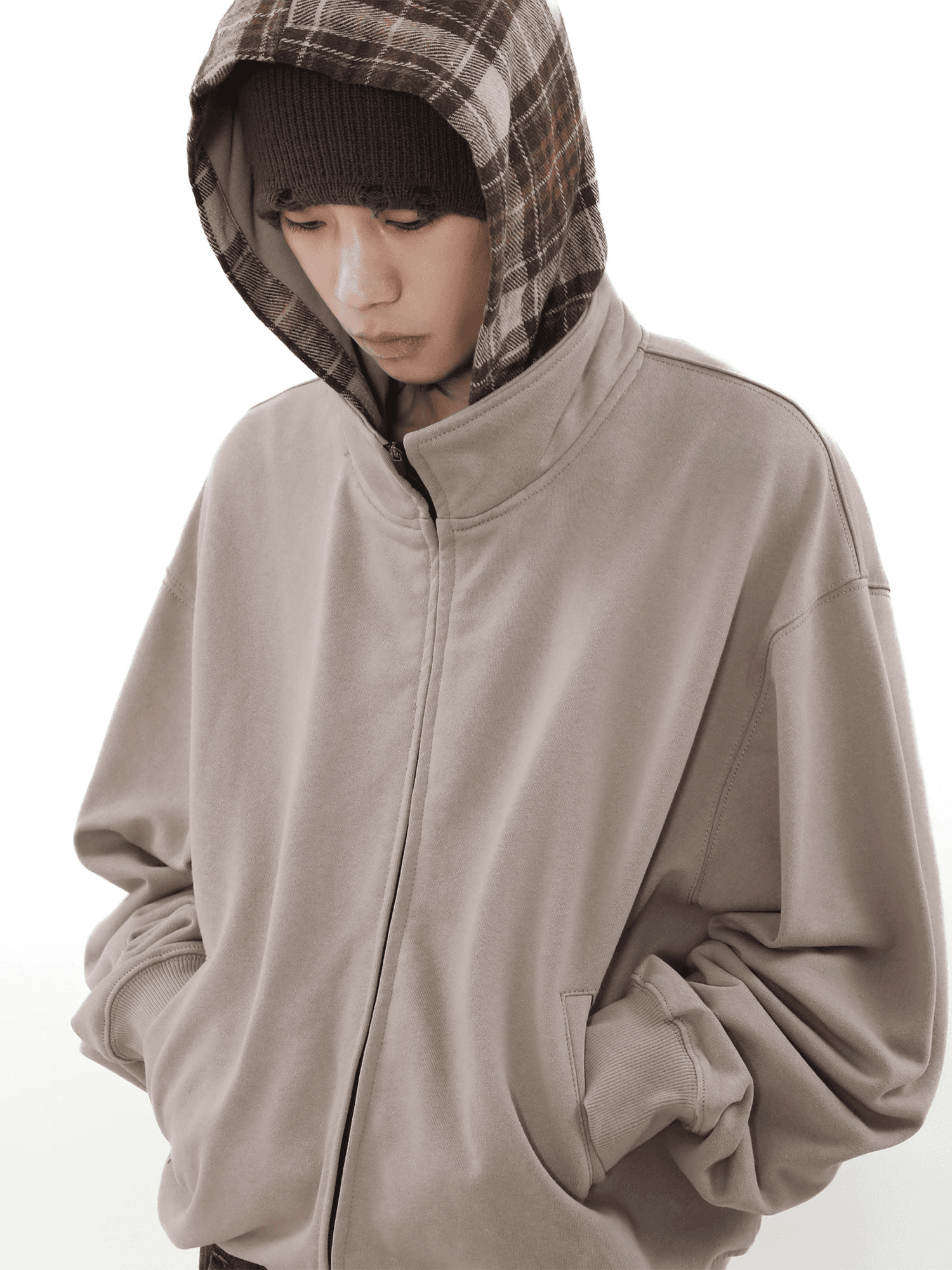 Sweat à capuche zippé à carreaux