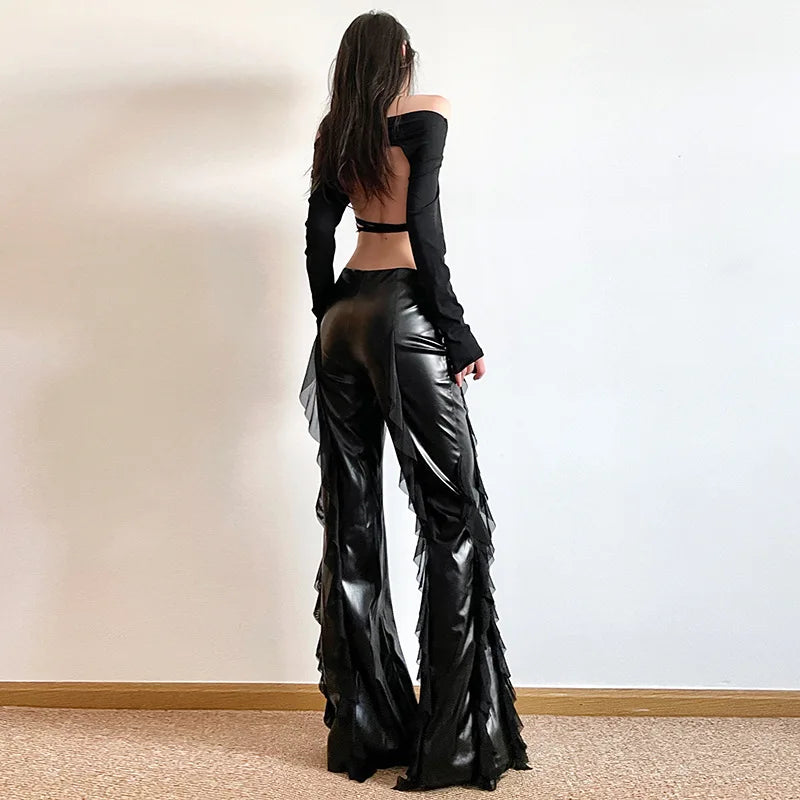 Faux Patchwork Mesh High Leather Pants