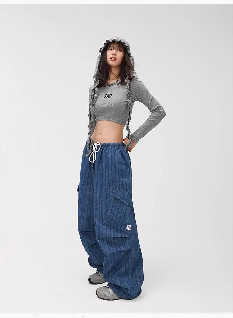 Deep Blue Vertical Stripe Denim Pants