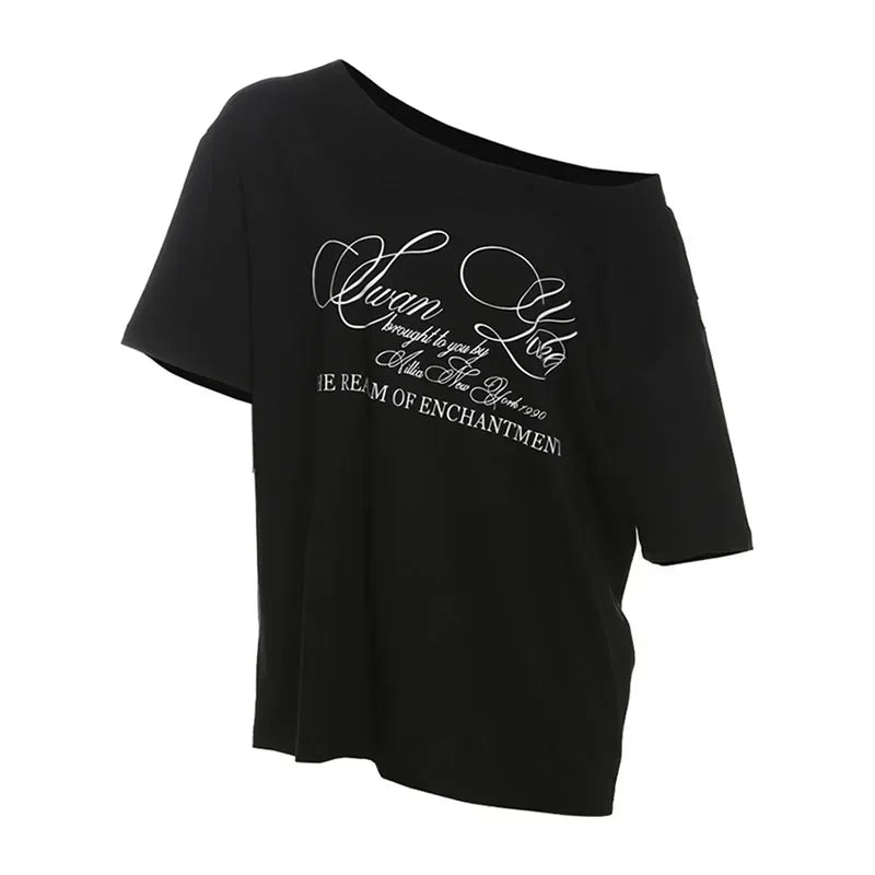 Oversized One-Shoulder Graphic White Tee - MADXMARX