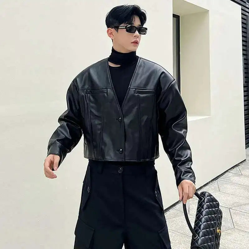 Stylish Trendy Collarless Moto Leather Jacket