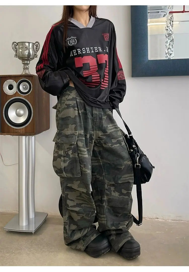 Vintage Washed Camouflage Print Wide Jeans