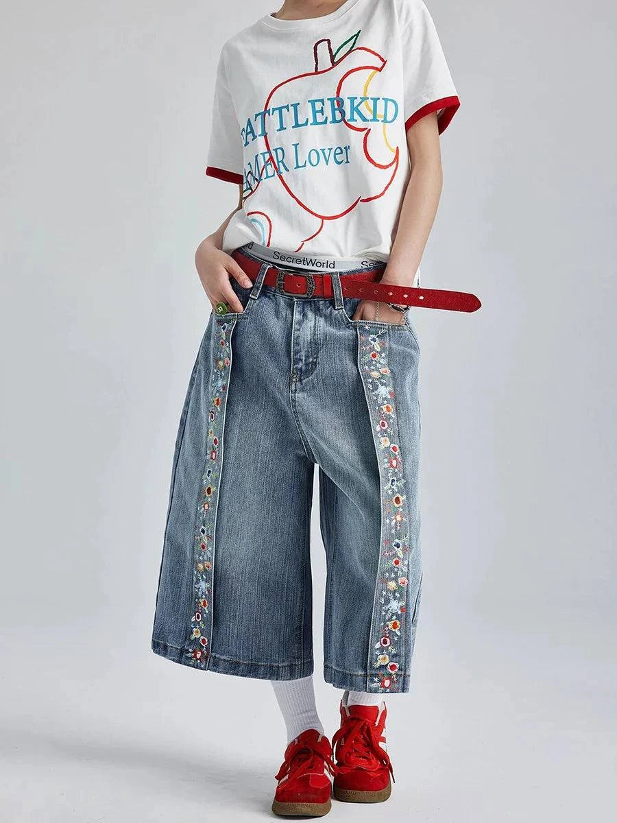 Vintage Wash Floral Print Denim Jorts