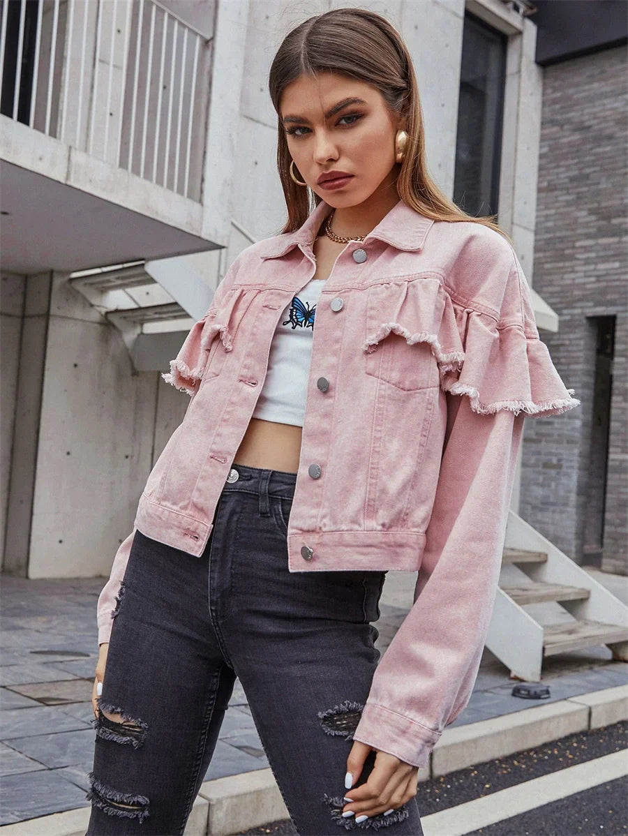 Vintage Raw Trim Ruffle Denim Jacket