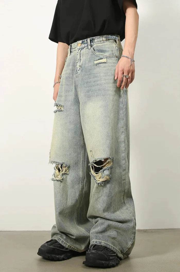 High End Blue Loose Ripped Jeans