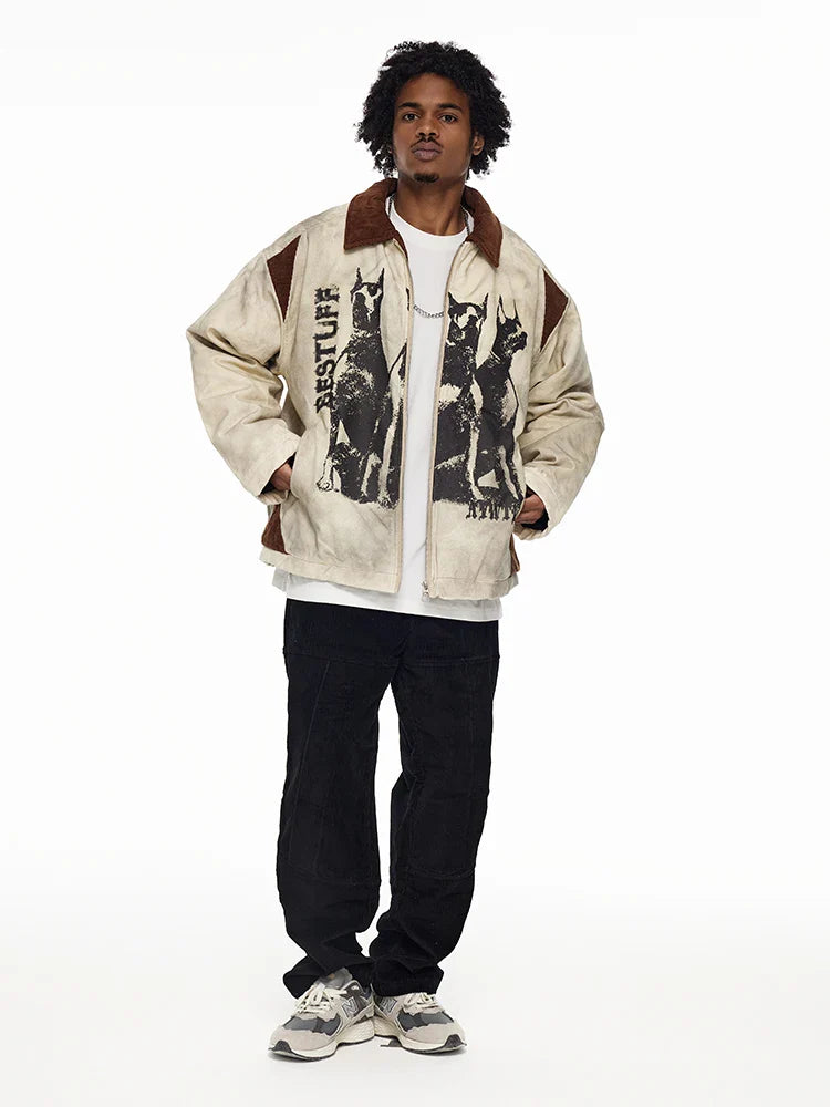 Cozy Distressed Dog Head Graffiti Lapel Jacket
