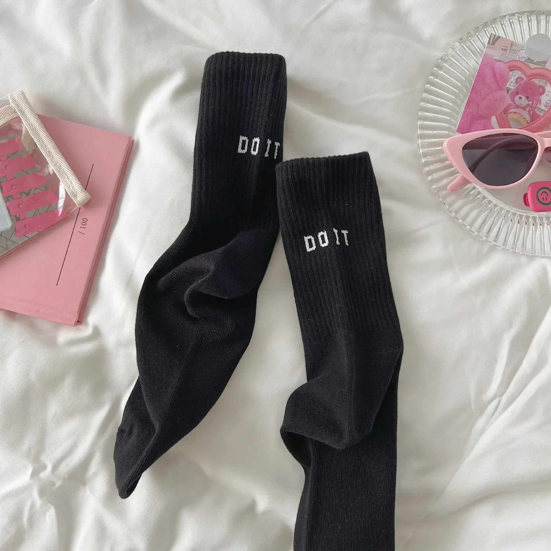 Pink High Waist Letter Sports Socks