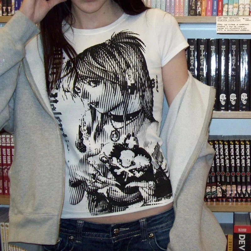 Camiseta de cuello redondo de los años 90 con estampado de anime Y2k
