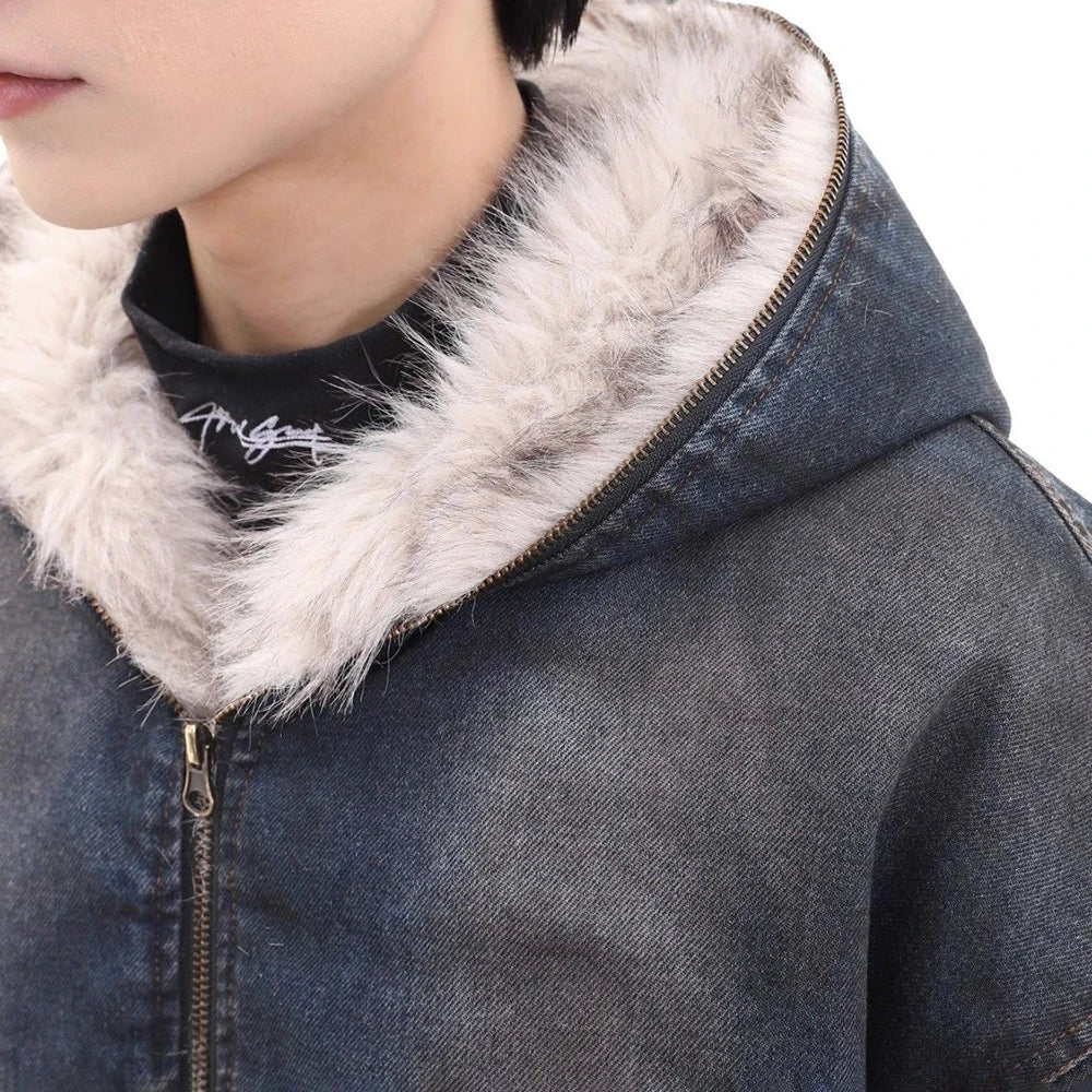 Winter Thickened Furry Hooded Denim Jacket