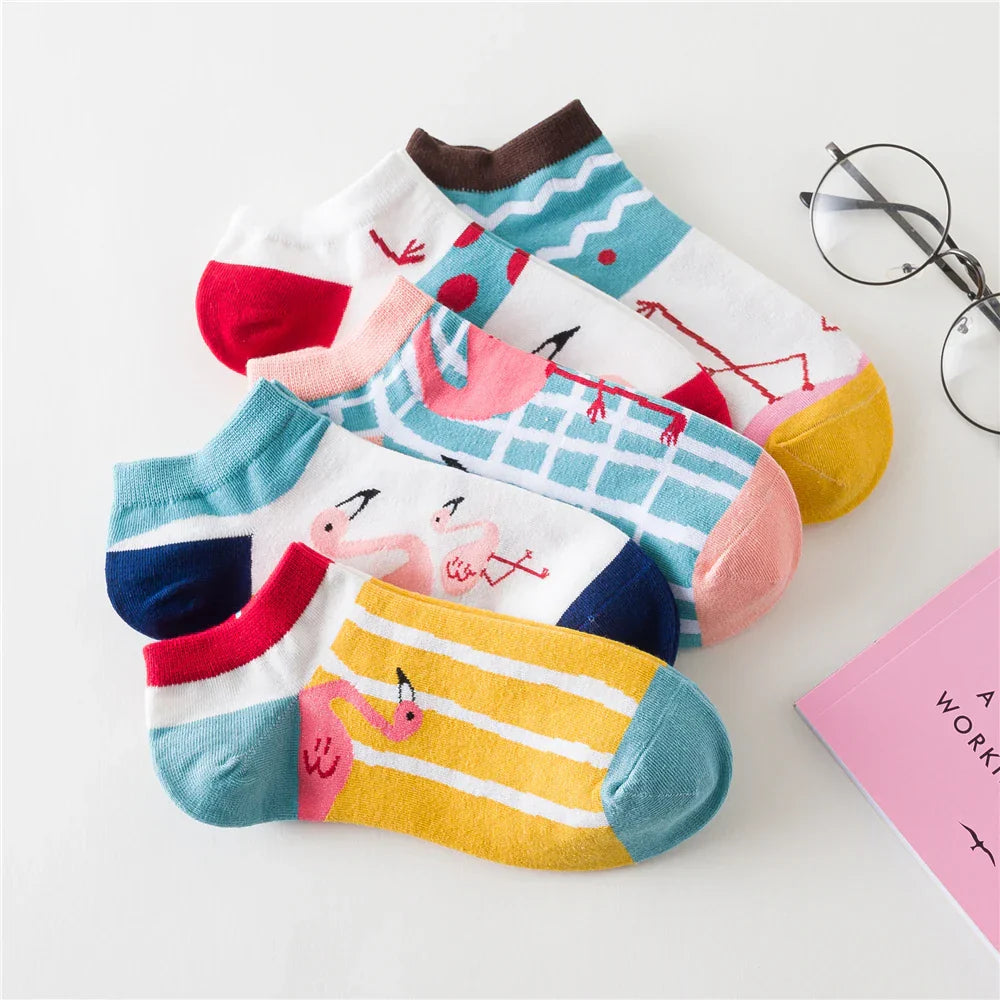 Colorful Flamingo Patterned Short Ankle Socks