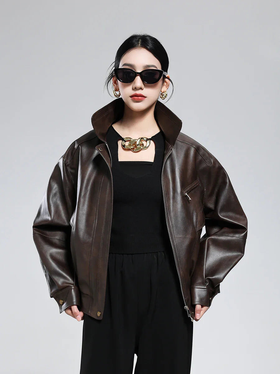 Casual Luxury Distressed Brown PU Leather Jacket