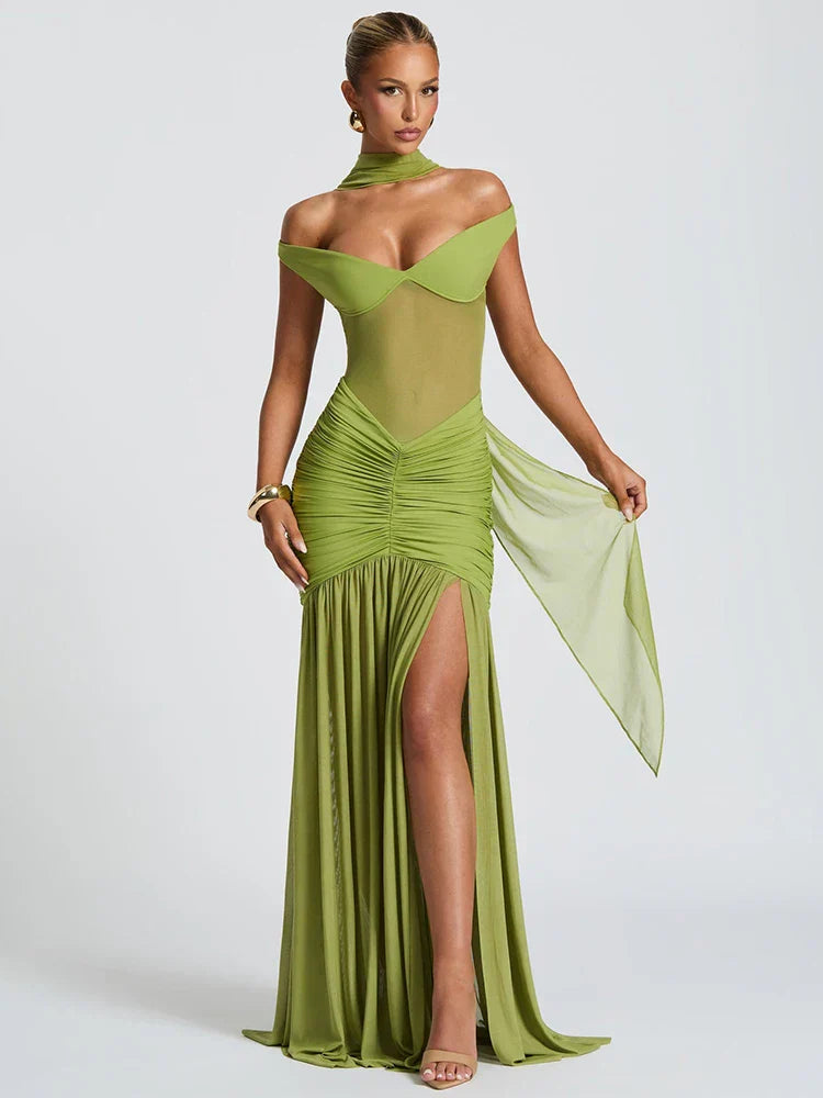 Elegant Mesh Ruched Maxi Dress