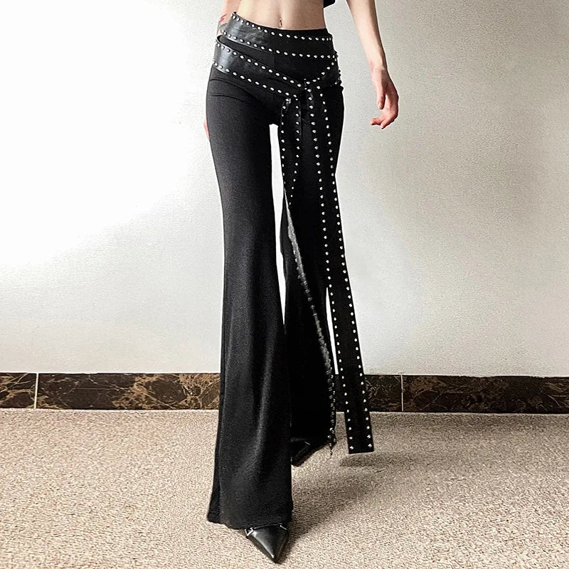 Women Solid High Waist Flare Leather Pants