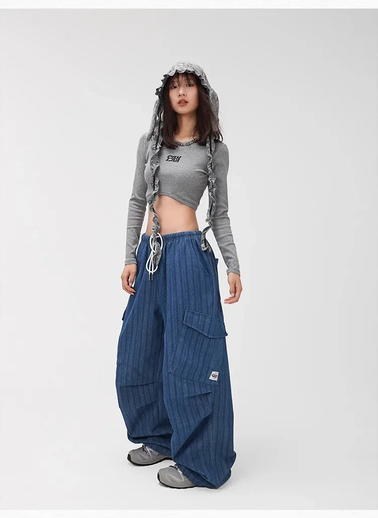 Deep Blue Vertical Stripe Denim Pants