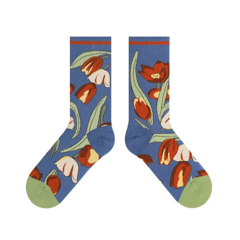 Stylish Retro Flower Tube Socks Women