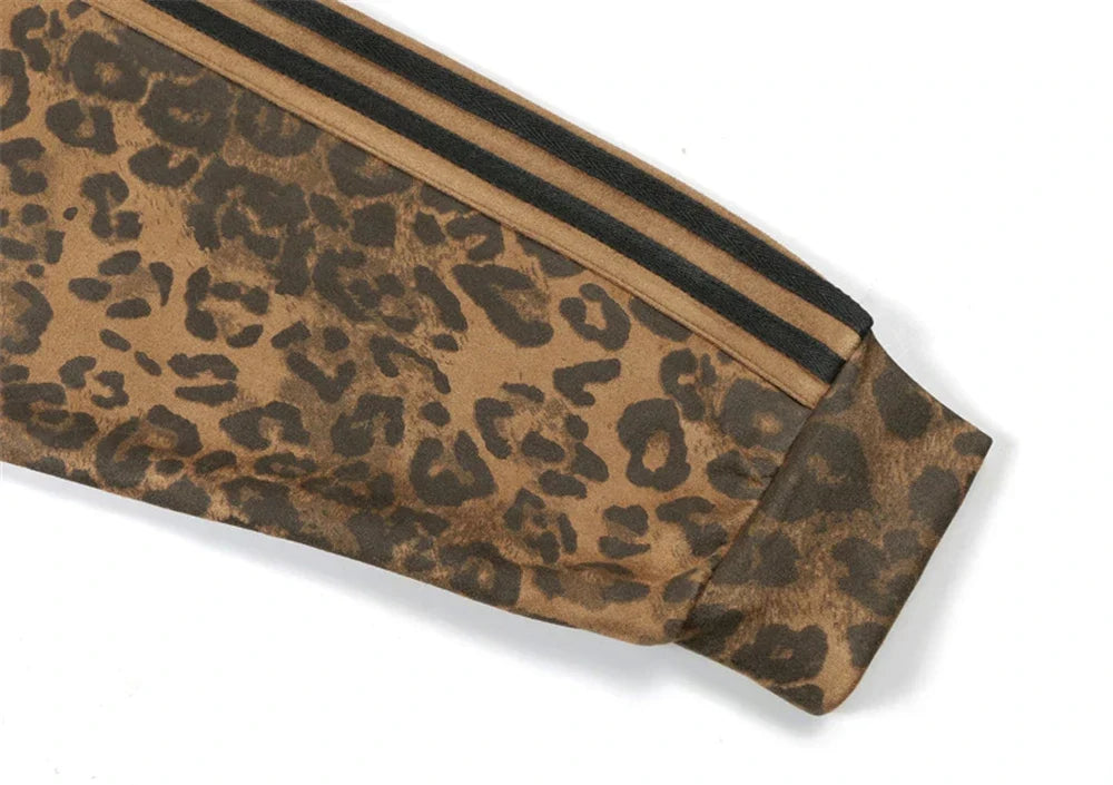 Leopard Zipper Retro Stand-Up Collar Suede Jacket