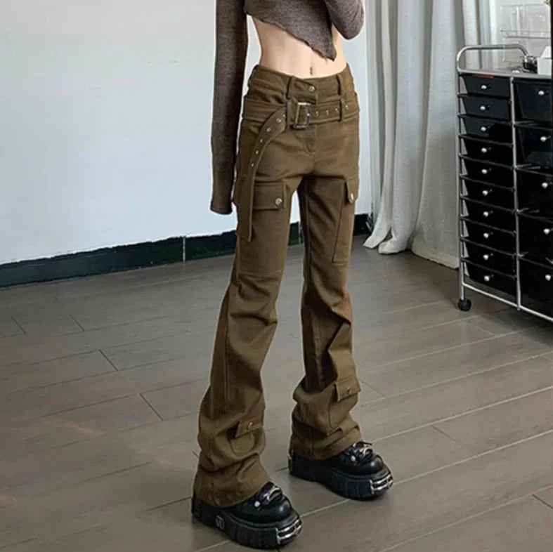 Women Cool Vintage Brown Cargo Pants
