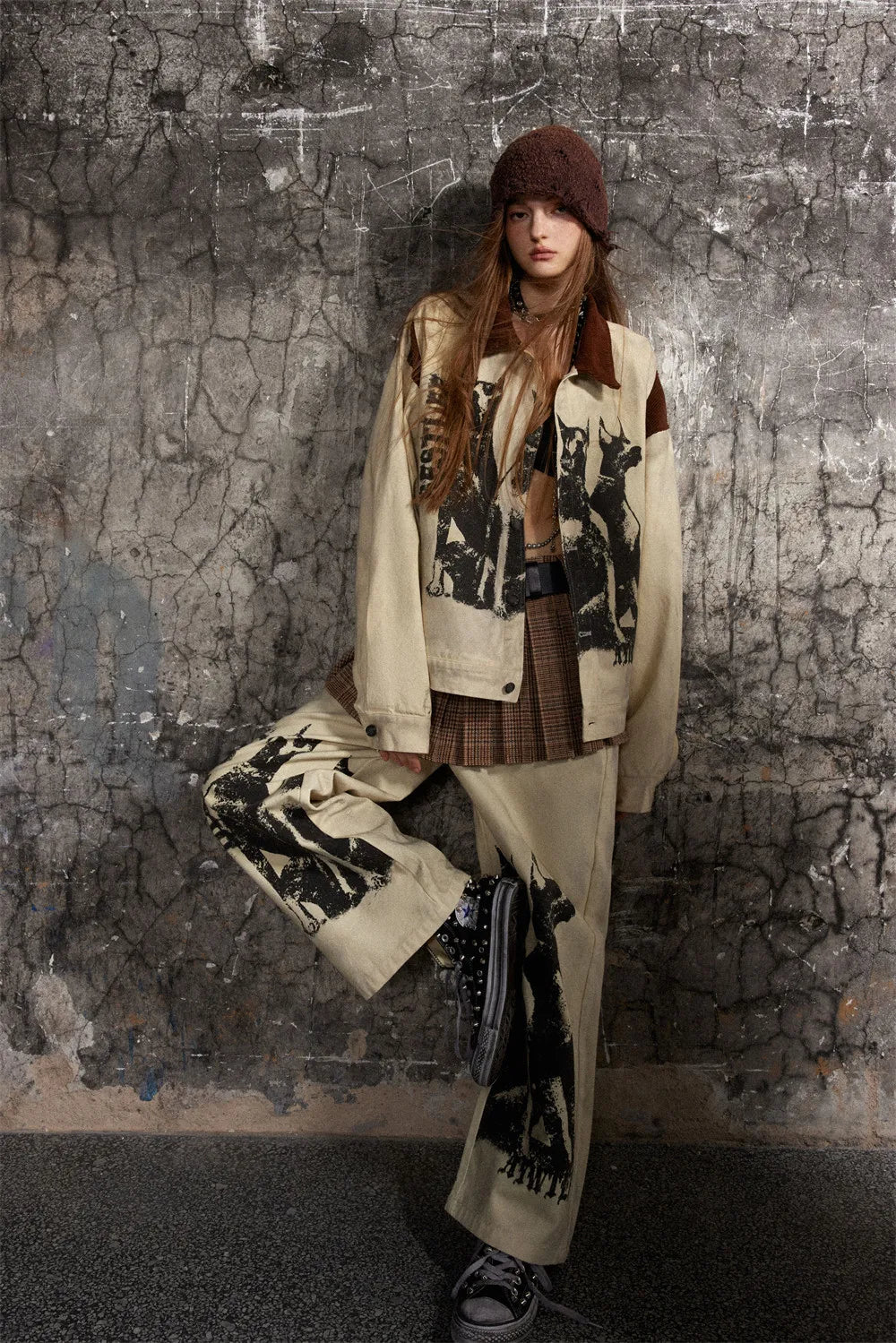 Cozy Distressed Dog Head Graffiti Lapel Jacket