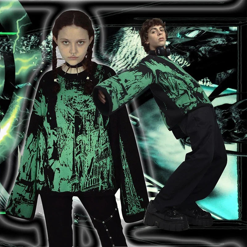 Vintage Green Gothic Style Oversized Knitwear Sweater