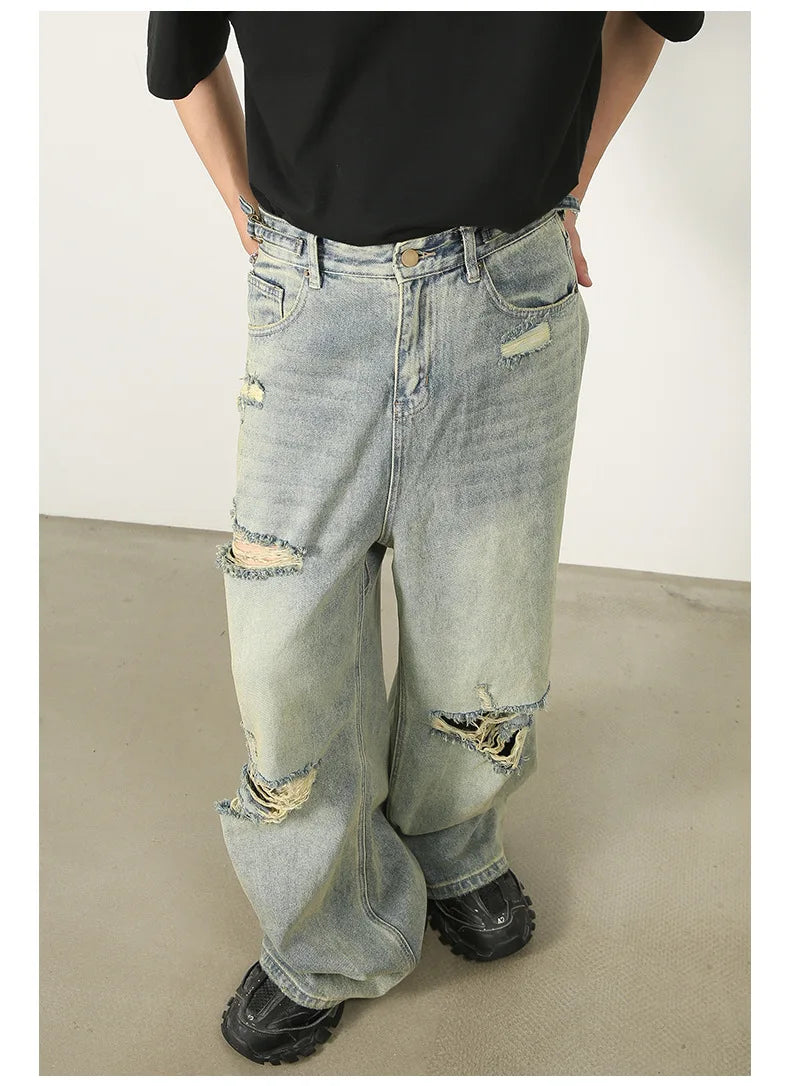 High End Blue Loose Ripped Jeans