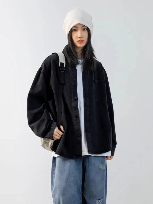 Chic Oversized Black Denim Jacket - Black / XXXL
