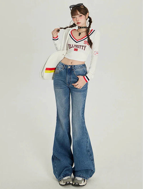 Retro High Waist Flared Light Jeans - Blue / XL