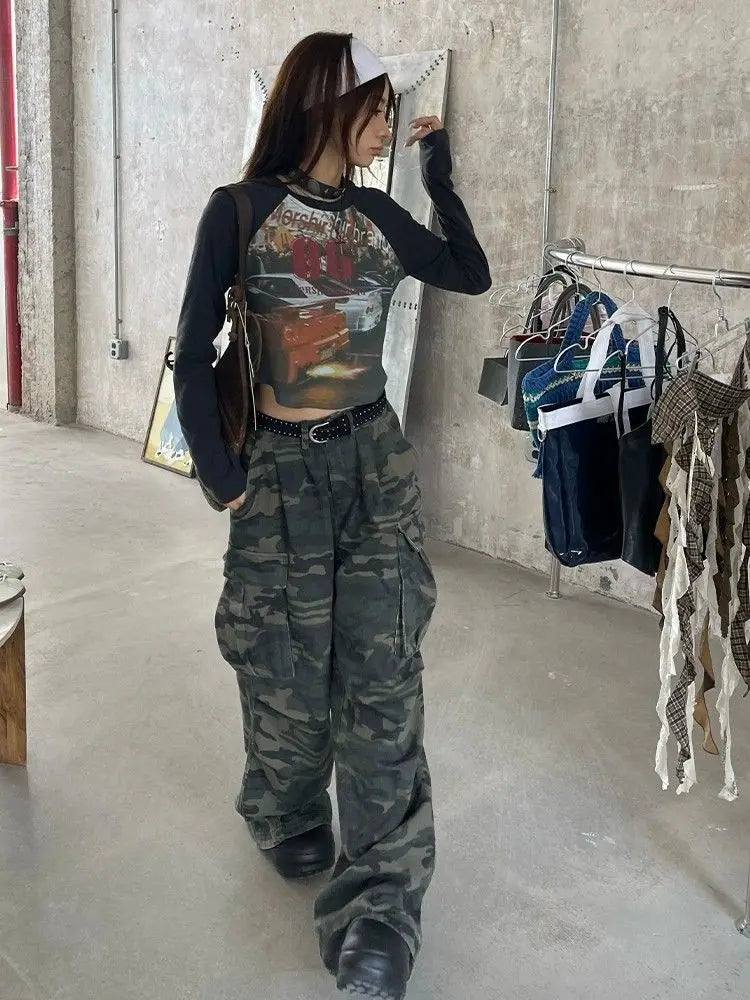 Vintage Washed Camouflage Print Wide Jeans