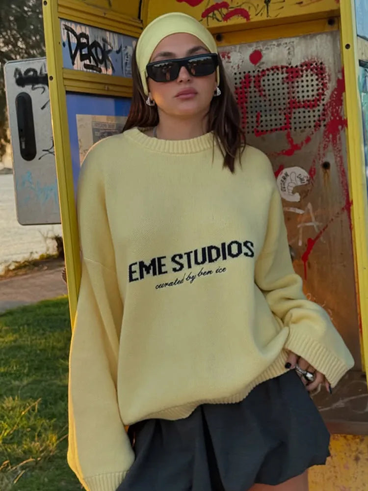Elegant Yellow Round Neck Knitted Sweater