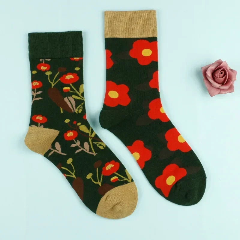 Floral Cartoon Asymmetric Compression School Socks