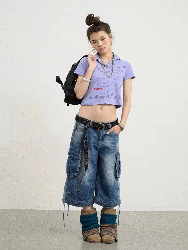 Vintage Cozy Drawstring Cargo Denim Jorts