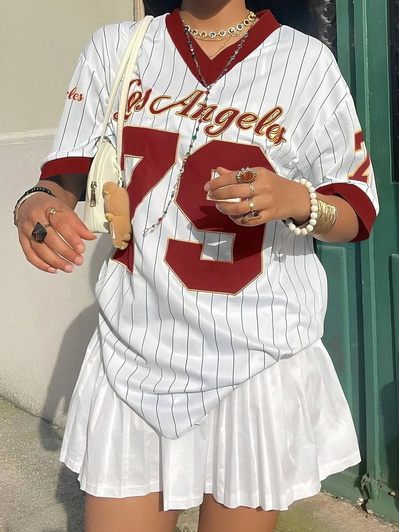 Los Angeles Letter Print V-Neck Baseball Jersey - MADXMARX