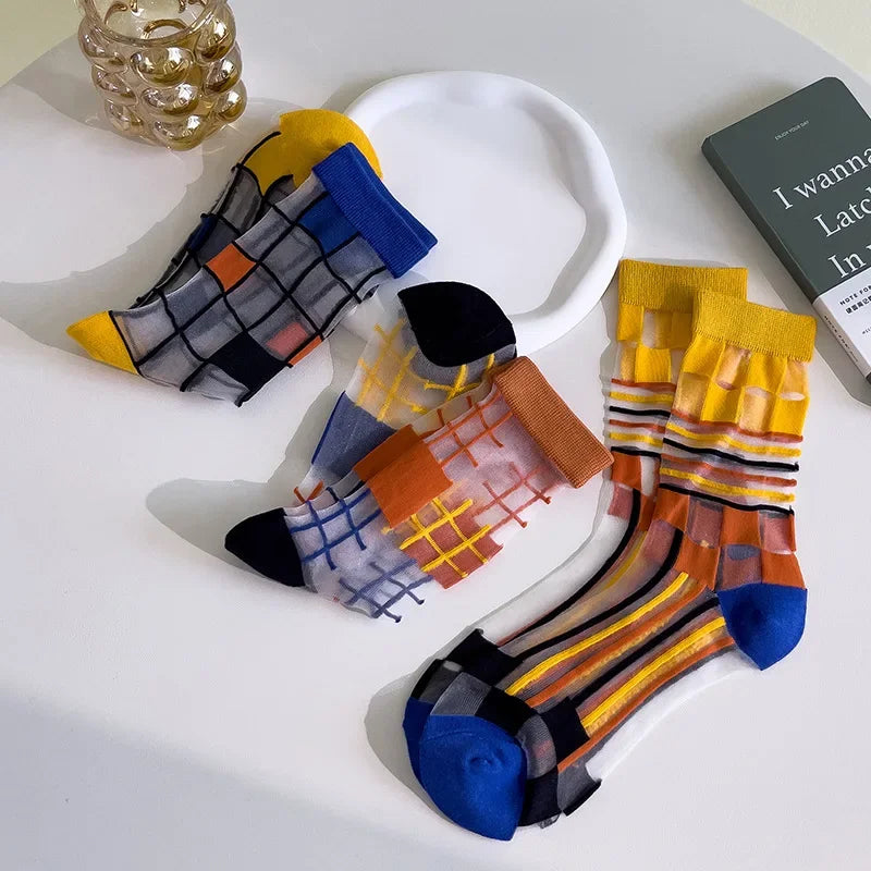 Colorful Plaid Crystal Silk Summer Socks