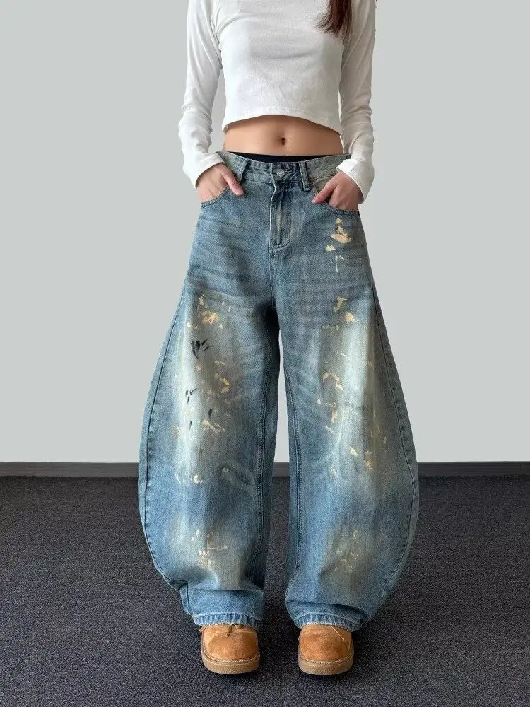 Women Vintage Blue Ink Paint Wide Jeans