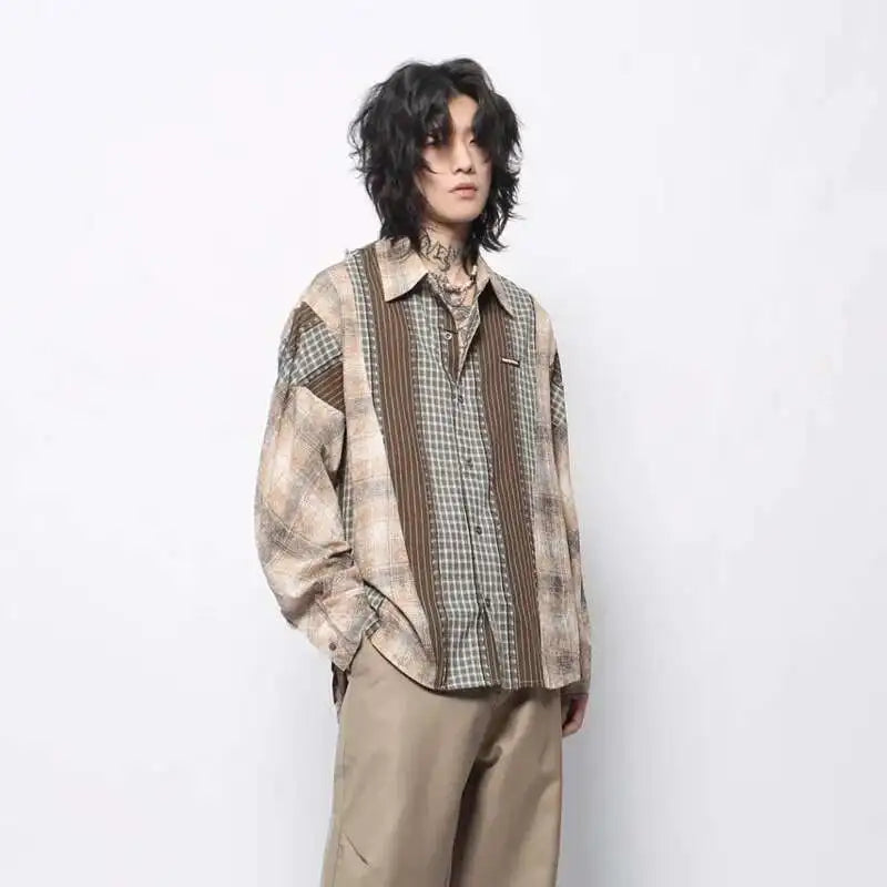 Men Flattering Colorblock Plaid Long Sleeved Shirt