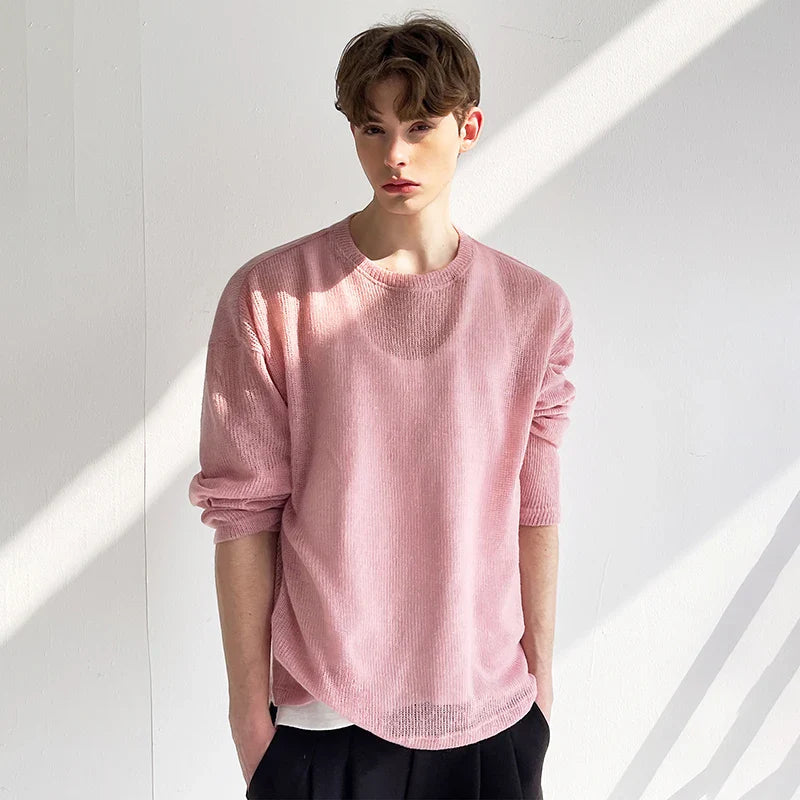 Camiseta de punto con cuello redondo, elegante y elegante, de color rosa