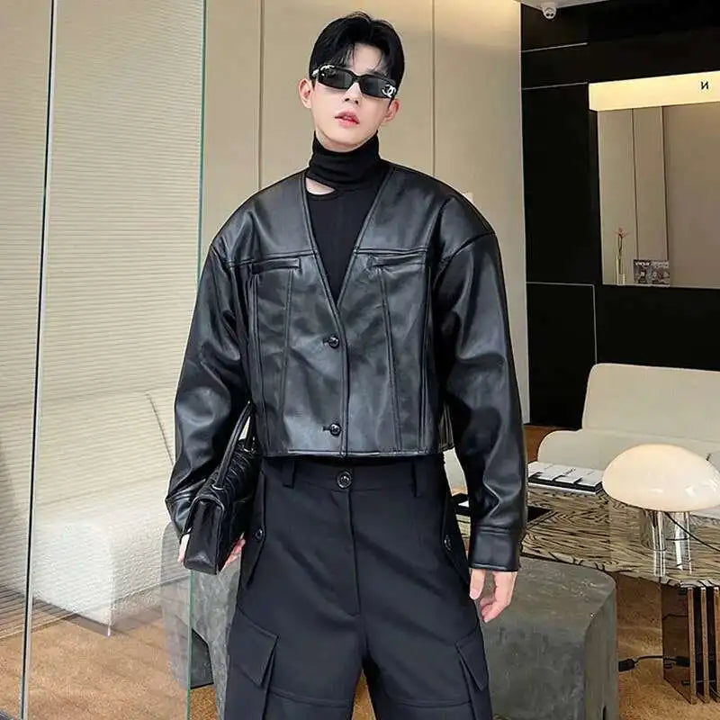 Stylish Trendy Collarless Moto Leather Jacket