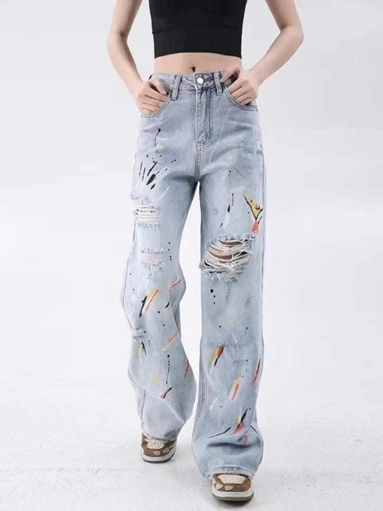 Vintage Washed Blue Graffiti Baggy Jeans