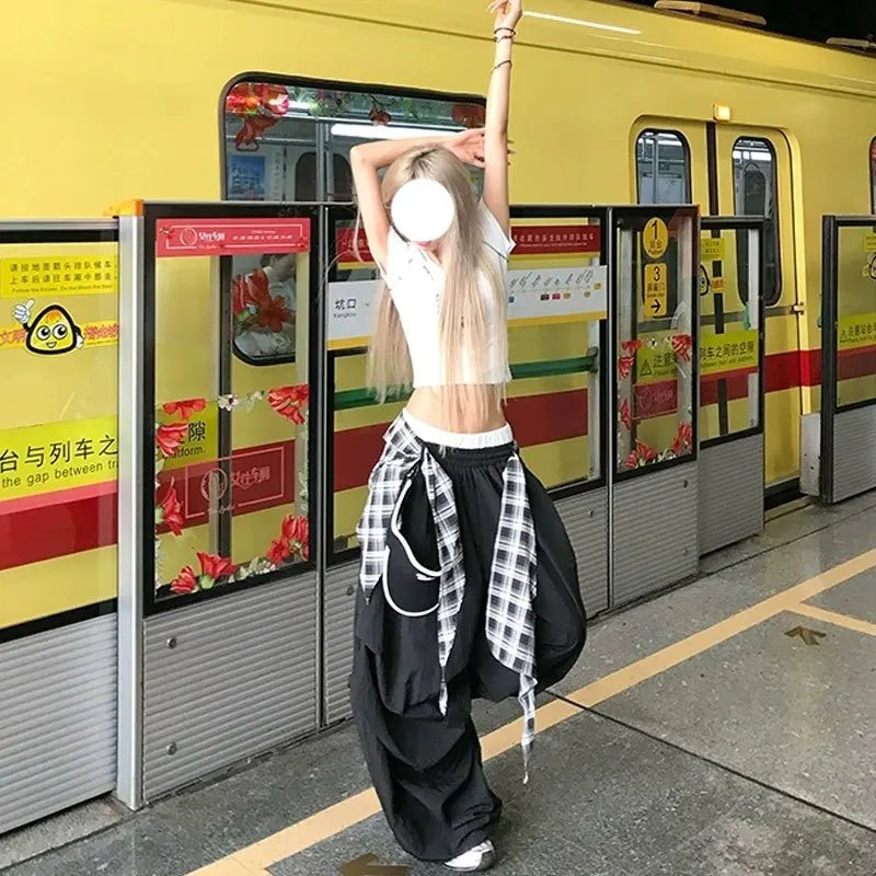 Black Plaid Wide Cargo Pants