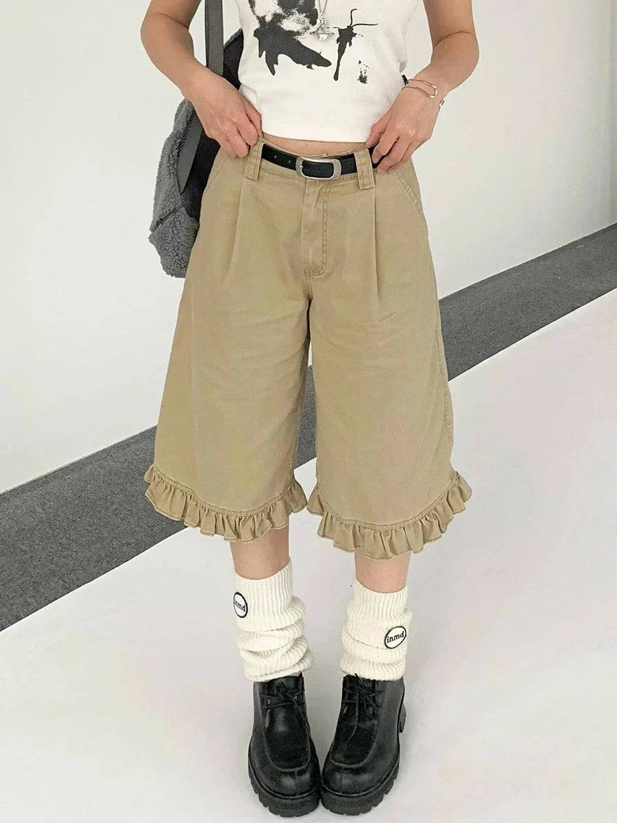 Chique kaki gerimpelde hoge taille jorts