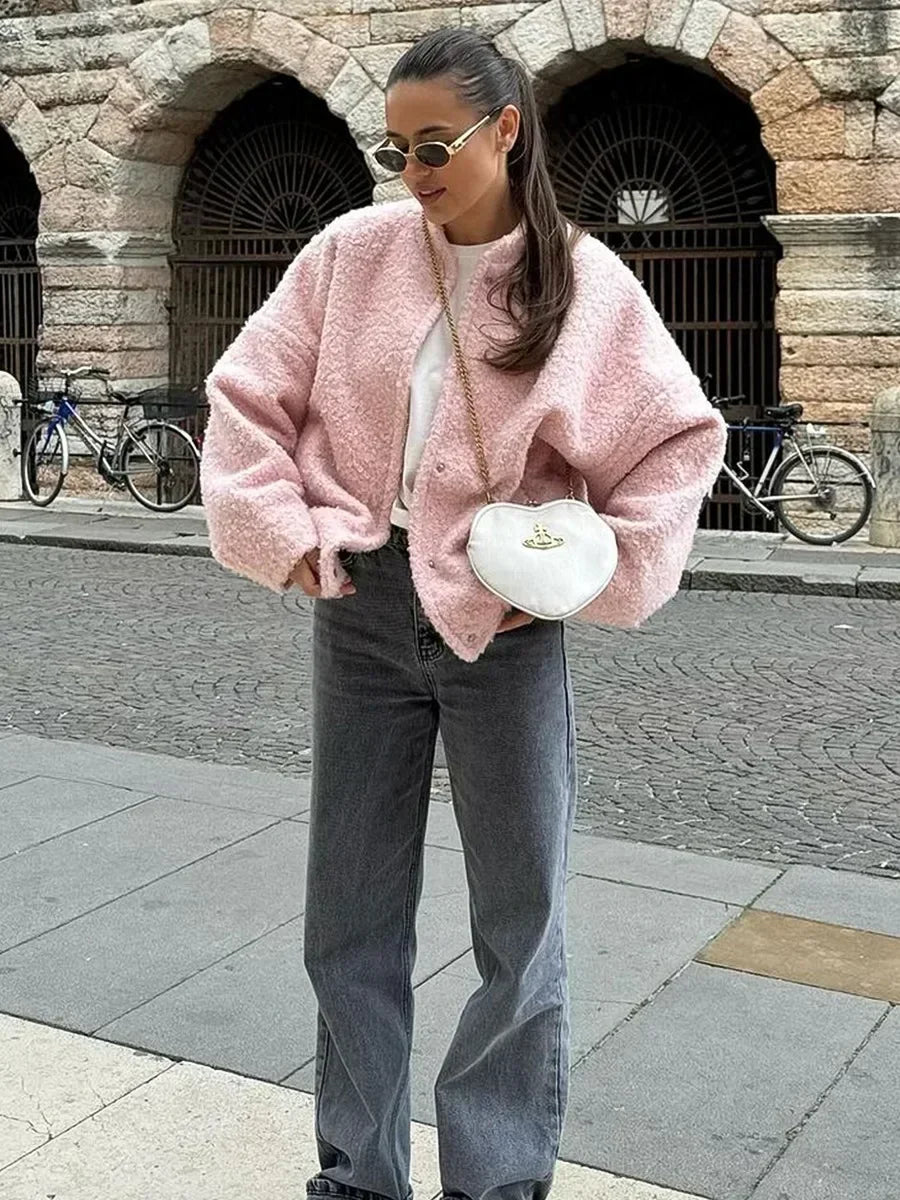 Women Pink Stylish Chic Fur Cardigan