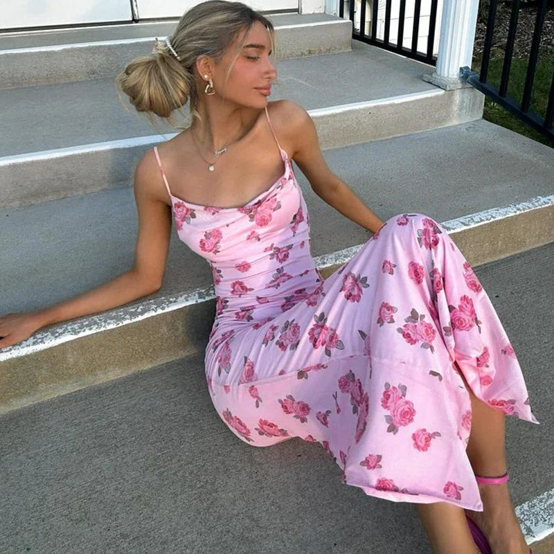 Satin Pink Rose Maxi Dress