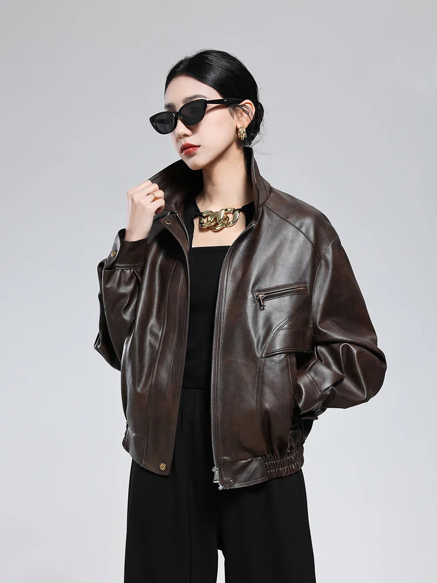 Casual Luxury Distressed Brown PU Leather Jacket