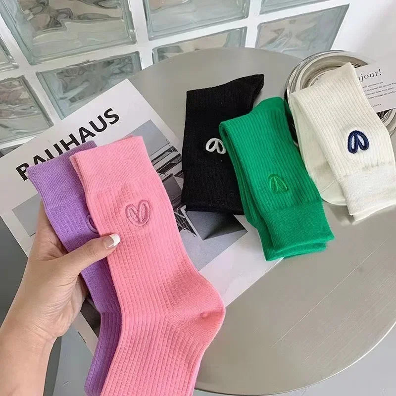 Embroidered Love Cotton Mid Tube Socks