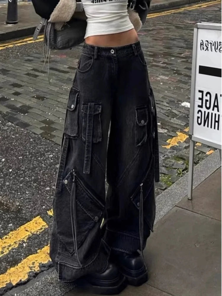 Women Washed Black Baggy Cargo Jeans
