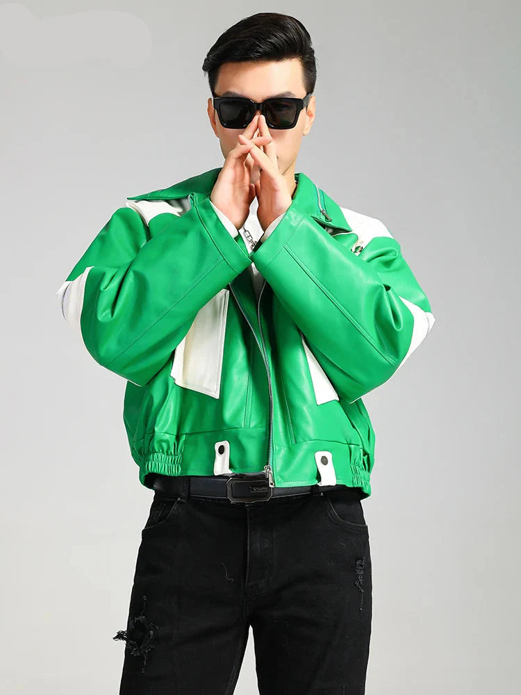 Cool Green Block Pu Leather Jacket