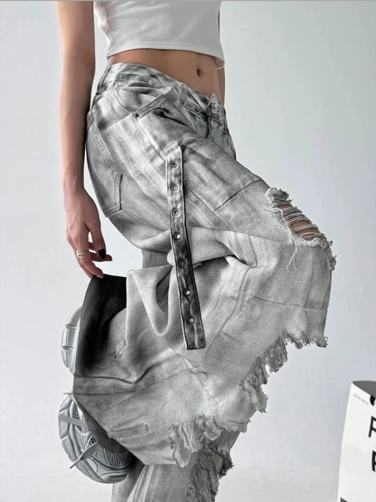 Cyber Grunge Washed White Baggy Jeans
