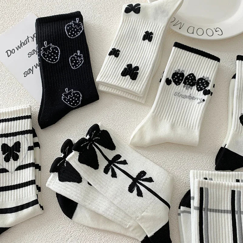 Stylish Black White Strawberry Long Socks